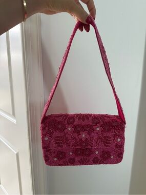 Pink Beaded Floral Shoulder Bag